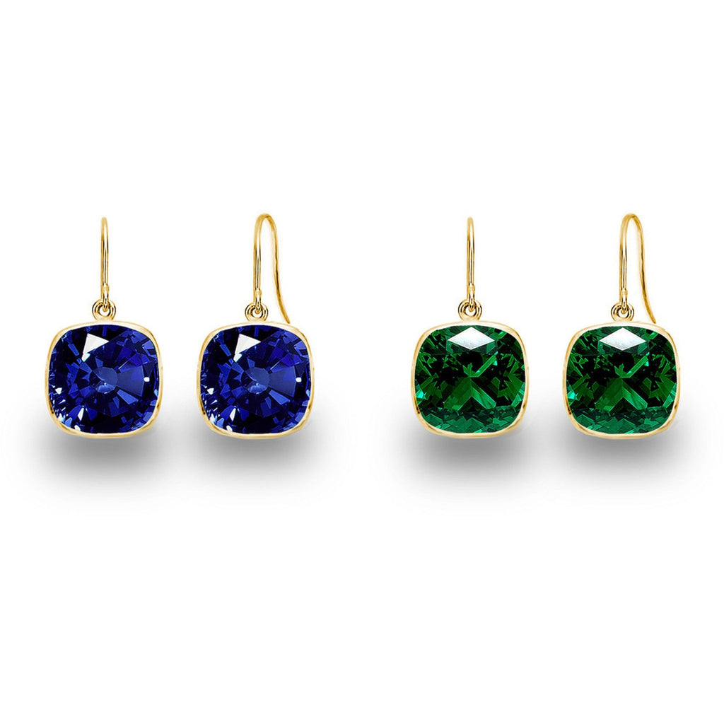 2 Pair Pack: 9.00 CTW Cushion Cut Created Blue Sapphire & Emerald Drop Earrings – Available in .925 Sterling Silver or 14kt Yellow Gold Over .925 – 8mm Square Gems