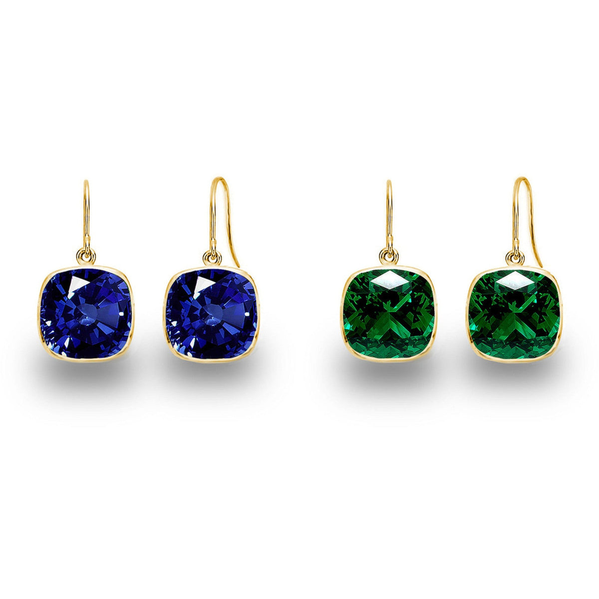 2 Pair Pack: 9.00 CTW Cushion Cut Created Blue Sapphire & Emerald Drop Earrings – Available in .925 Sterling Silver or 14kt Yellow Gold Over .925 – 8mm Square Gems